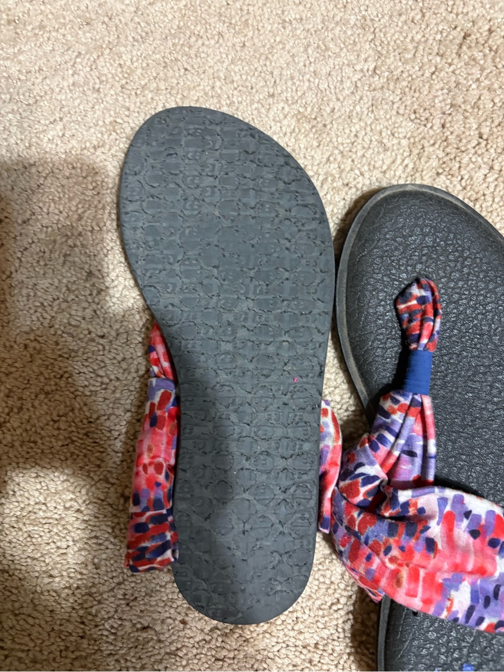 Sanuk Black Sandals with Pink and Purple Patterned Fabric Straps
